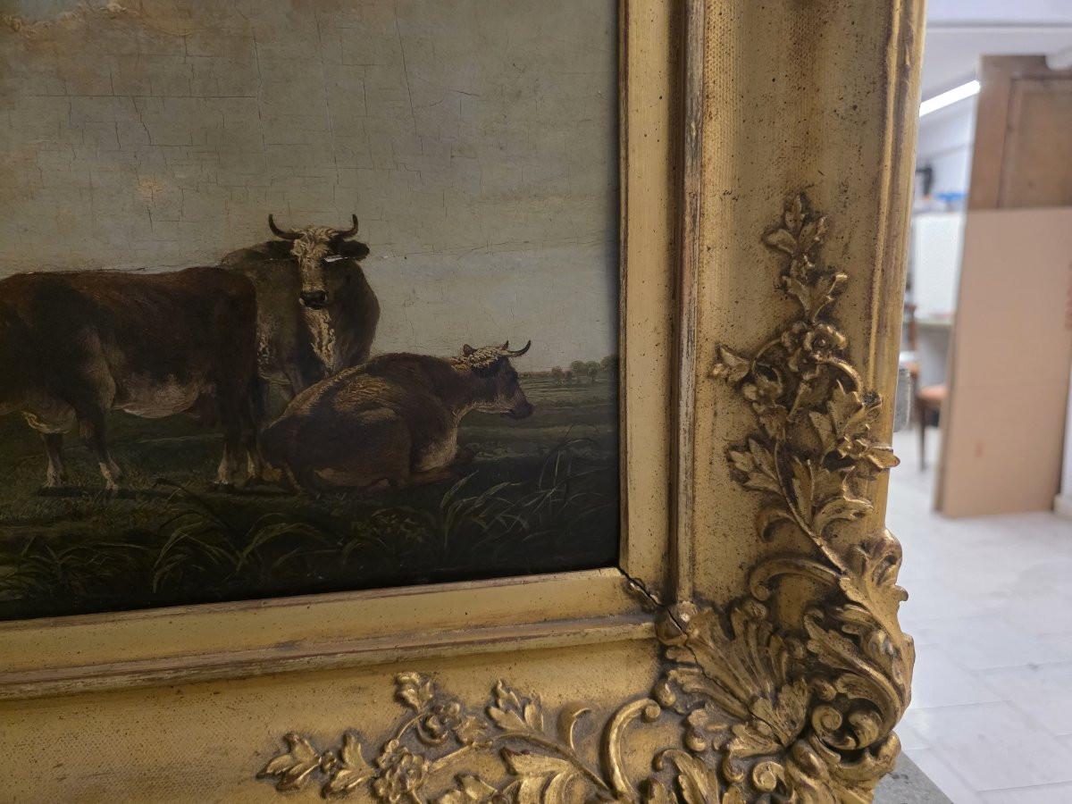 Huile sur panneau, paysage flamand avec vaches et paysans, milieu du XVIIe siècle.-photo-3