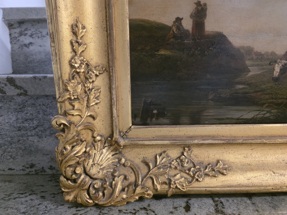 Huile sur panneau, paysage flamand avec vaches et paysans, milieu du XVIIe siècle.-photo-4