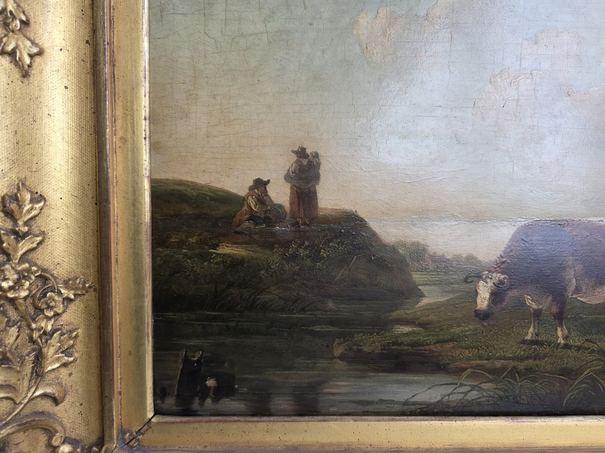 Huile sur panneau, paysage flamand avec vaches et paysans, milieu du XVIIe siècle.-photo-6