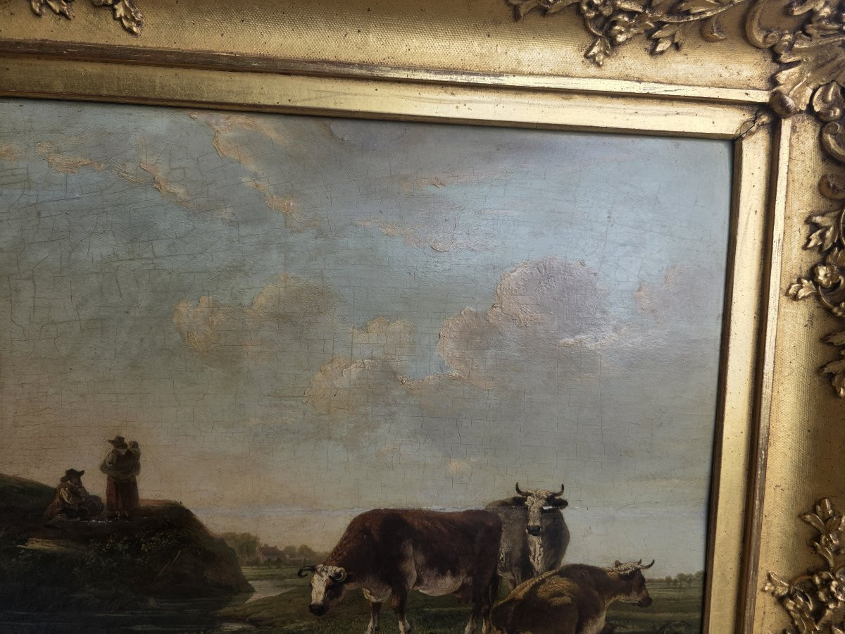 Huile sur panneau, paysage flamand avec vaches et paysans, milieu du XVIIe siècle.-photo-7