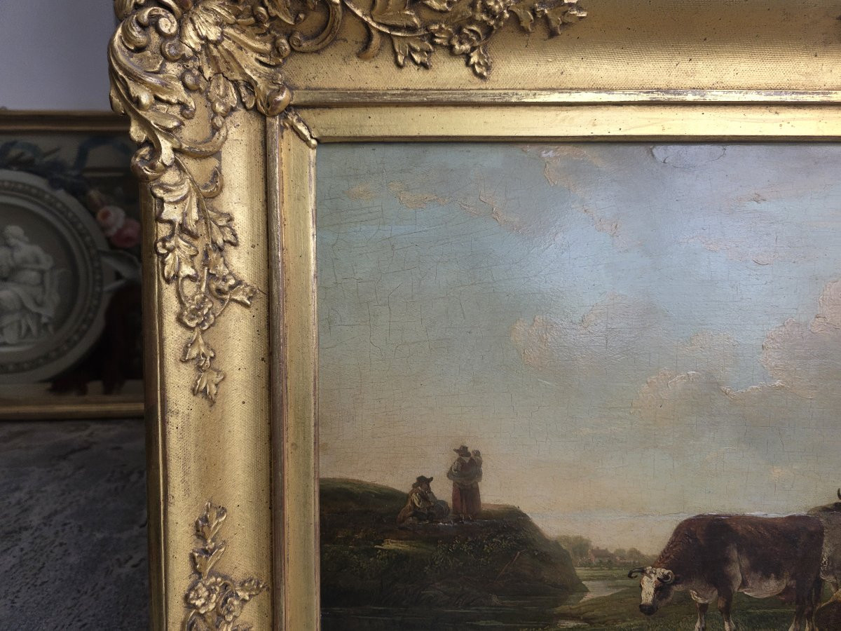 Huile sur panneau, paysage flamand avec vaches et paysans, milieu du XVIIe siècle.-photo-8