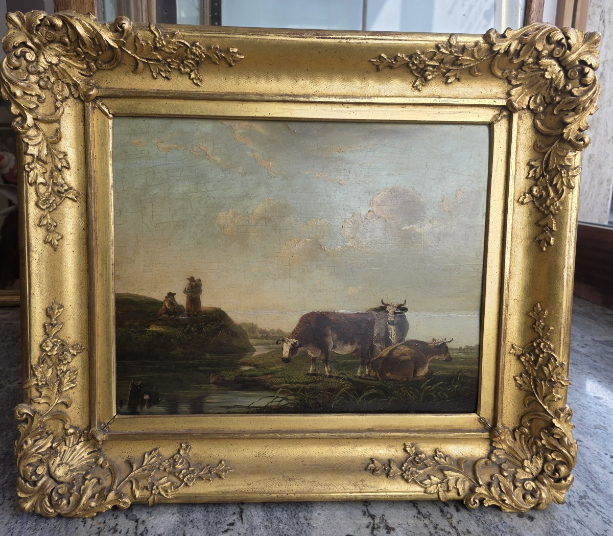 Huile sur panneau, paysage flamand avec vaches et paysans, milieu du XVIIe siècle.