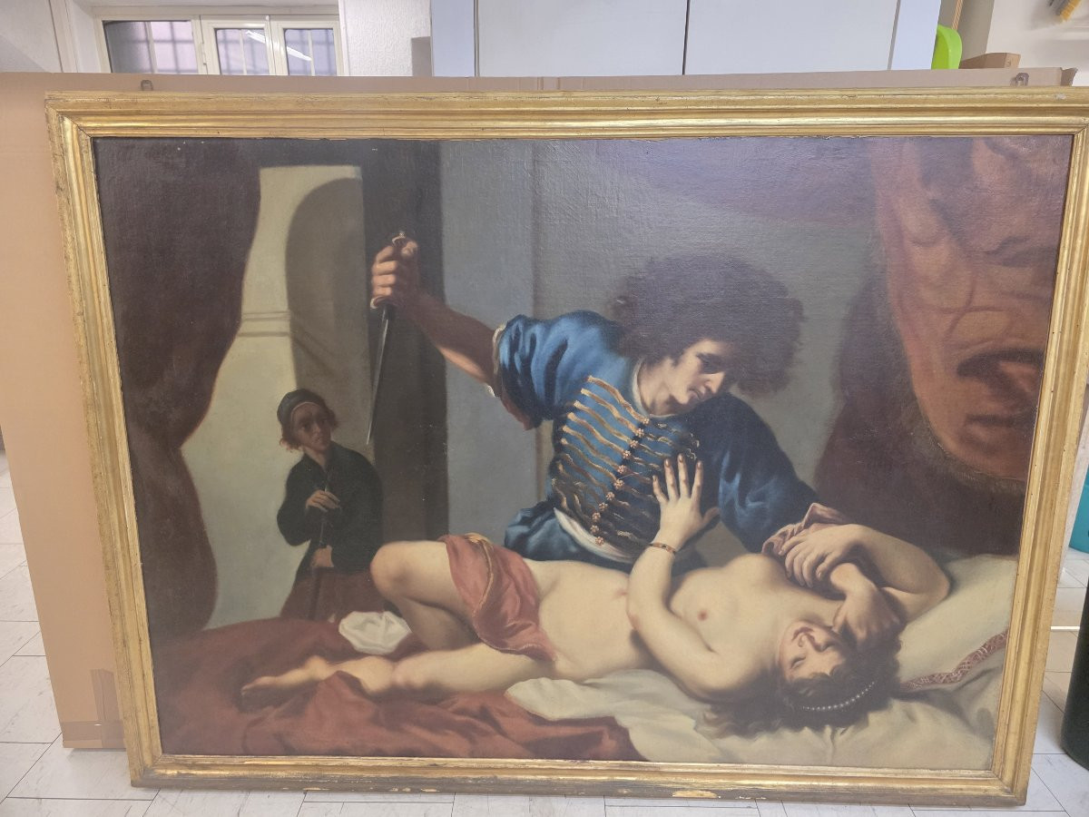 D'après Felice Ficherelli, dit Il Riposo, huile sur toile « Tarquin et Lucrèce », fin du XVIIe -photo-2