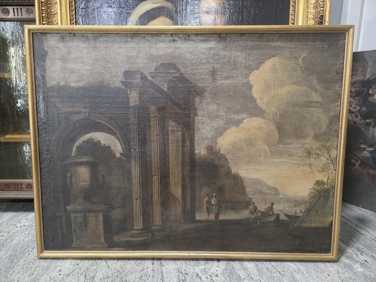 Italian School, 18th Century, Capriccio Of Architectural Ruins With Figures 