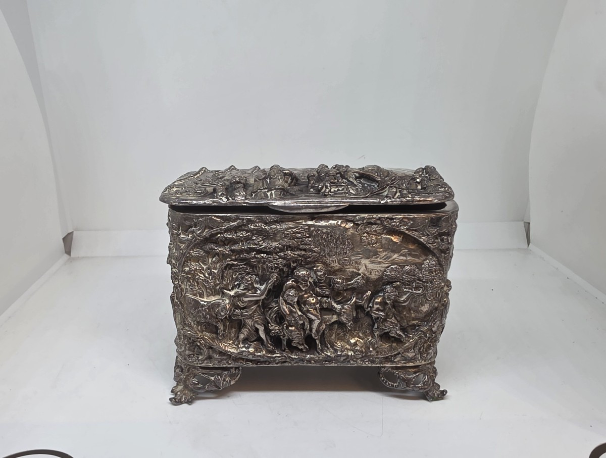 A 19th-century Silver-plated Bronze Jewelry Box, Decorated With Hunting Scenes And More.