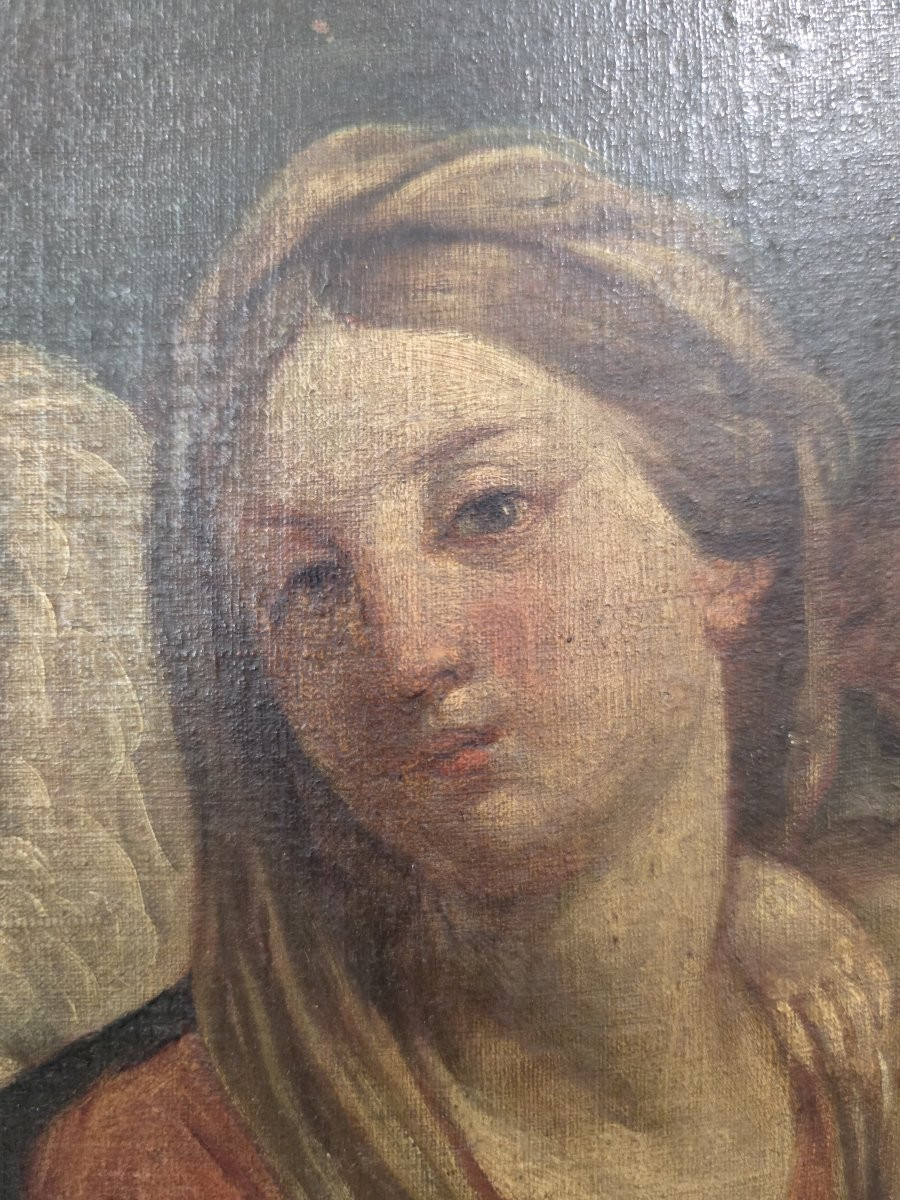 Huile sur toile ovale représentant la Vierge à l'Enfant avec un ange. Italie, XVIIe siècle.-photo-6