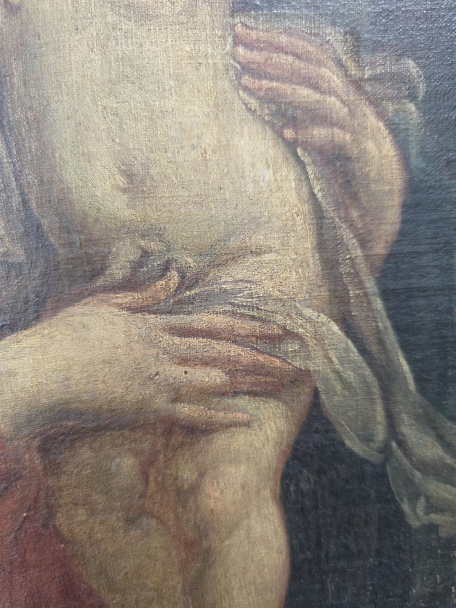 Huile sur toile ovale représentant la Vierge à l'Enfant avec un ange. Italie, XVIIe siècle.-photo-8