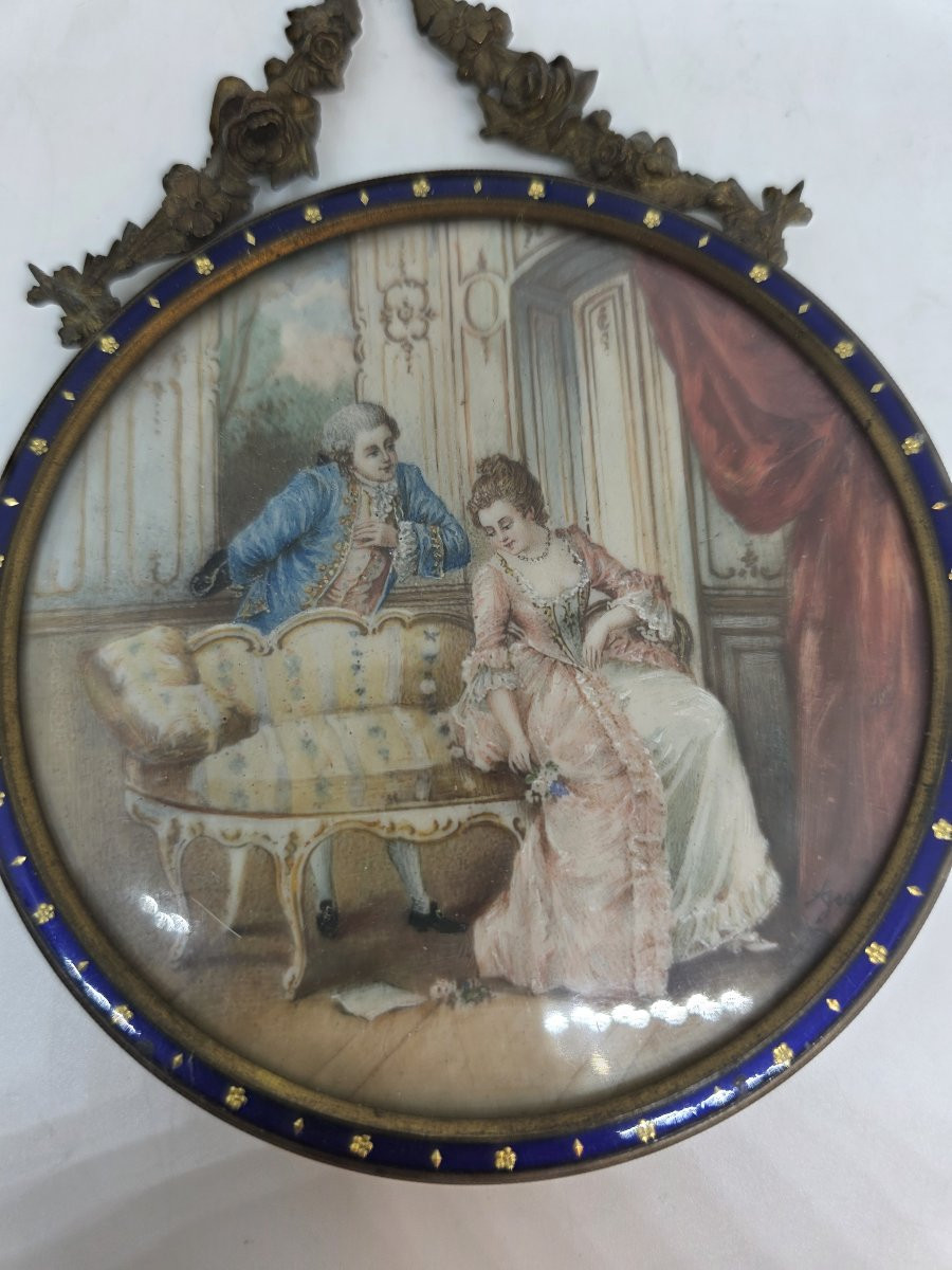 Miniature circulaire encadrée représentant une scène romantique. France, époque Napoléon III-photo-2