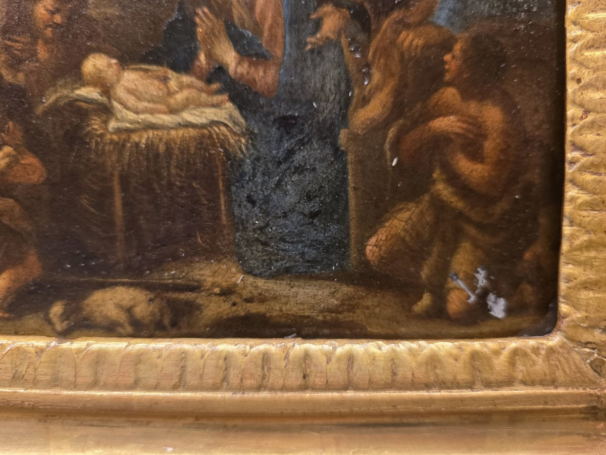 Huile sur panneau « L'Adoration des bergers », Italie, XVIIe siècle-photo-4