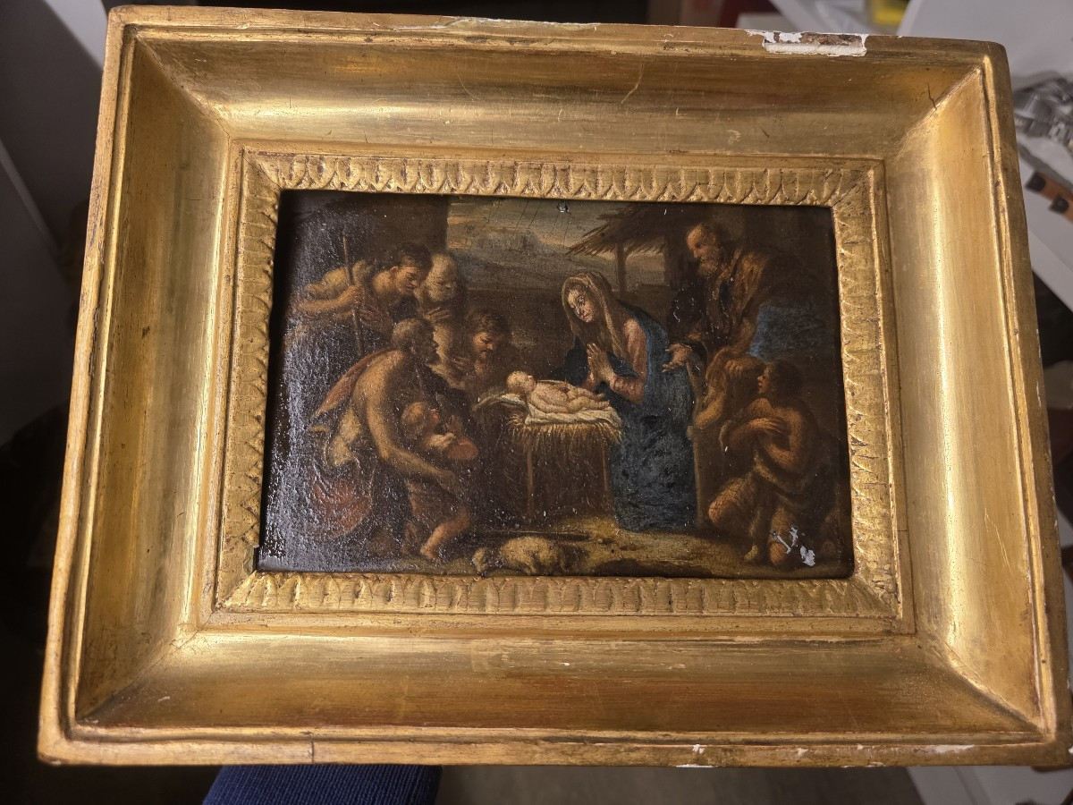 Huile sur panneau « L'Adoration des bergers », Italie, XVIIe siècle-photo-3