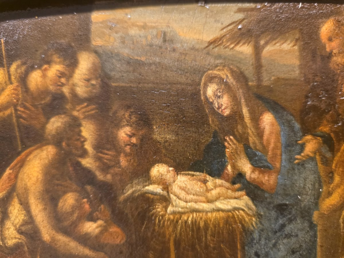 Huile sur panneau « L'Adoration des bergers », Italie, XVIIe siècle-photo-3