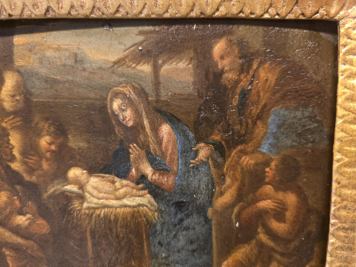 Huile sur panneau « L'Adoration des bergers », Italie, XVIIe siècle-photo-4