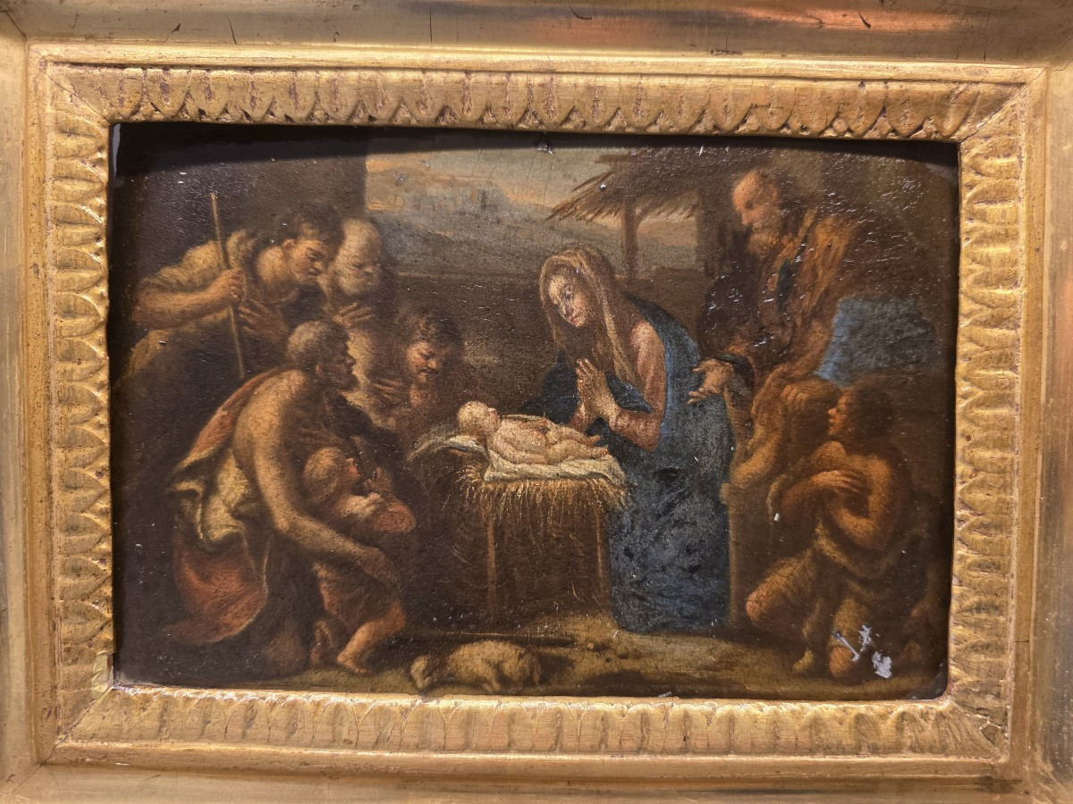 Huile sur panneau « L'Adoration des bergers », Italie, XVIIe siècle