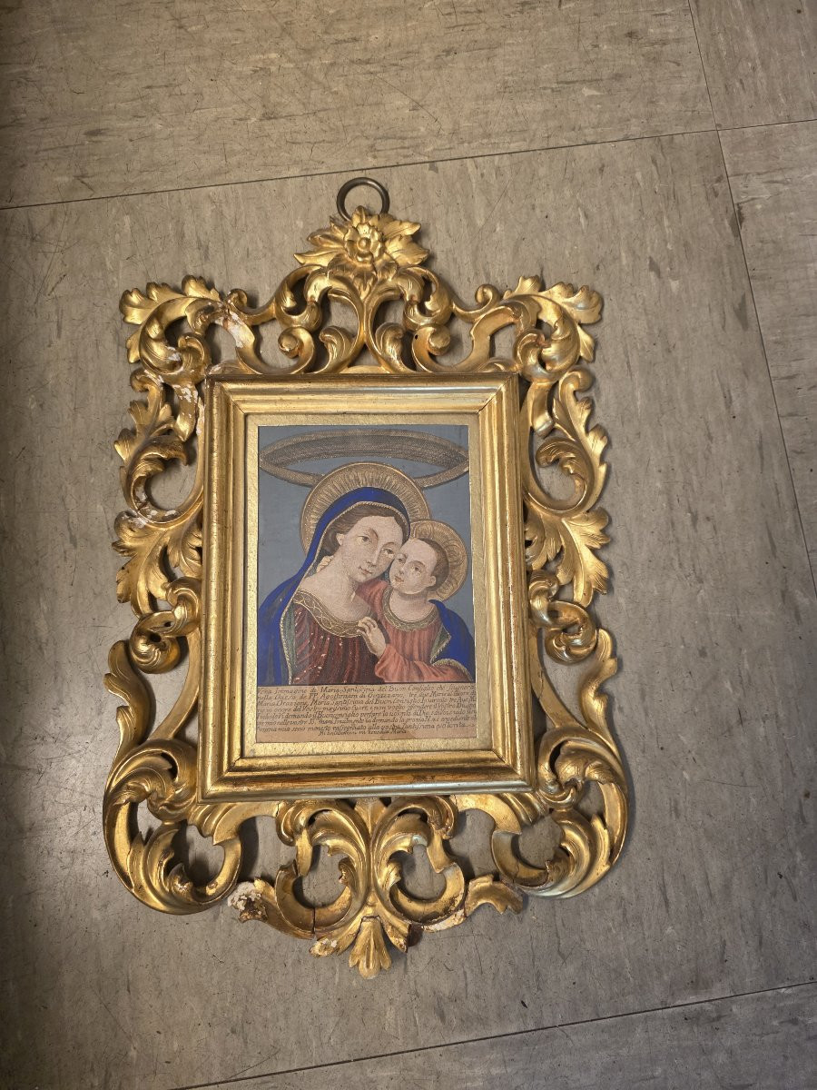 Cadre doré et gravure coloriée du XIXe siècle représentant la Vierge du Bon Conseil-photo-3