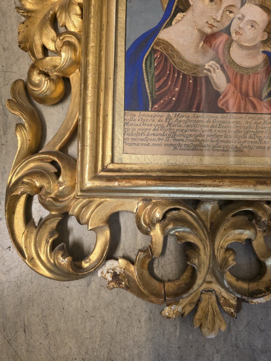 Cadre doré et gravure coloriée du XIXe siècle représentant la Vierge du Bon Conseil-photo-4