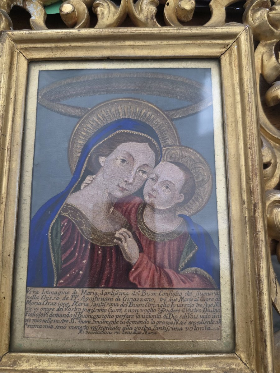 Cadre doré et gravure coloriée du XIXe siècle représentant la Vierge du Bon Conseil-photo-2