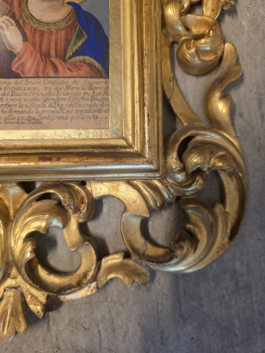 Cadre doré et gravure coloriée du XIXe siècle représentant la Vierge du Bon Conseil-photo-5