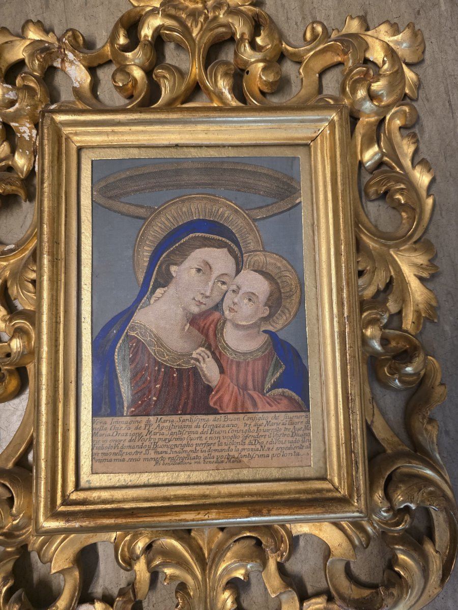 Cadre doré et gravure coloriée du XIXe siècle représentant la Vierge du Bon Conseil-photo-8