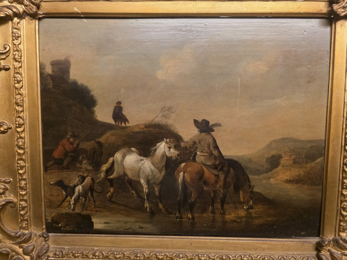Huile sur panneau, œuvre flamande du XVIIe siècle.-photo-1