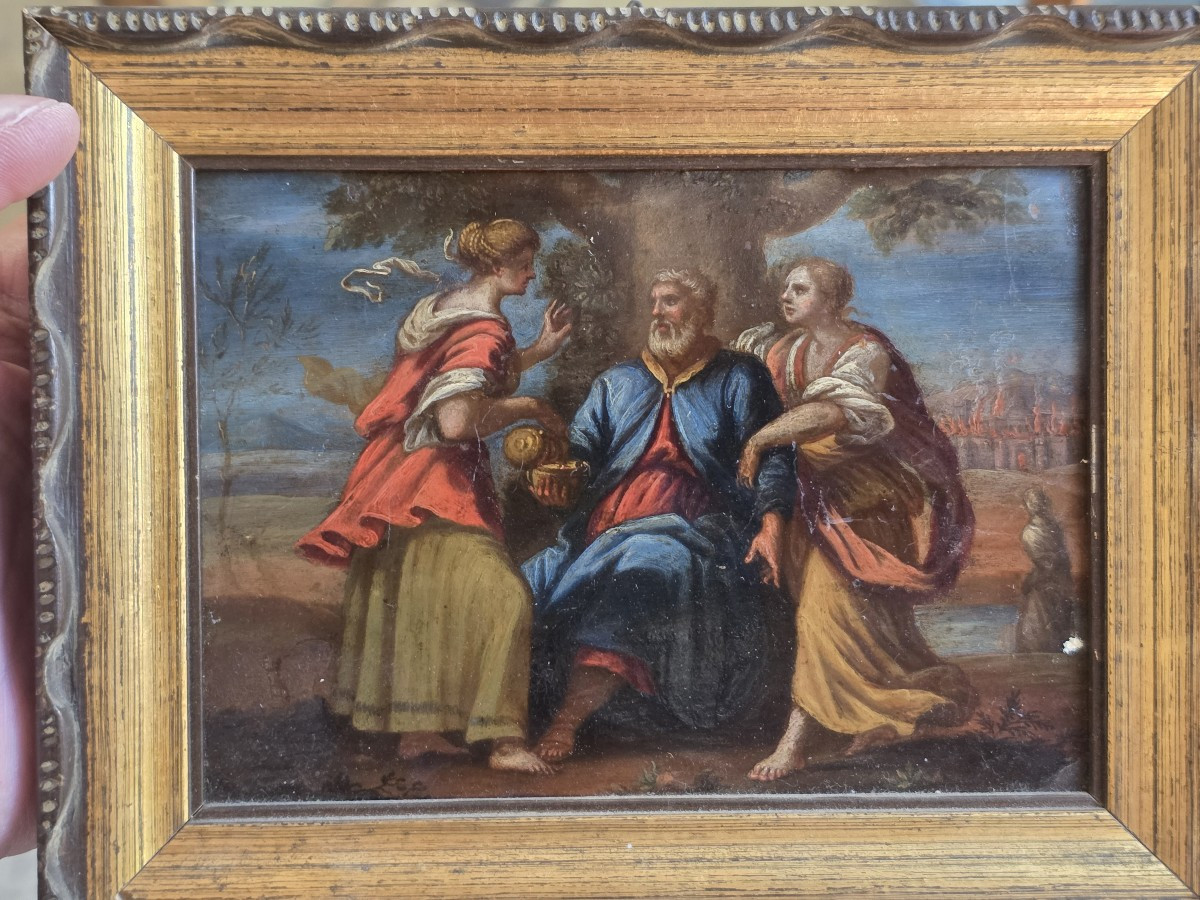 Lot et ses filles - Huile sur cuivre, École italienne, milieu du XVIIe siècle