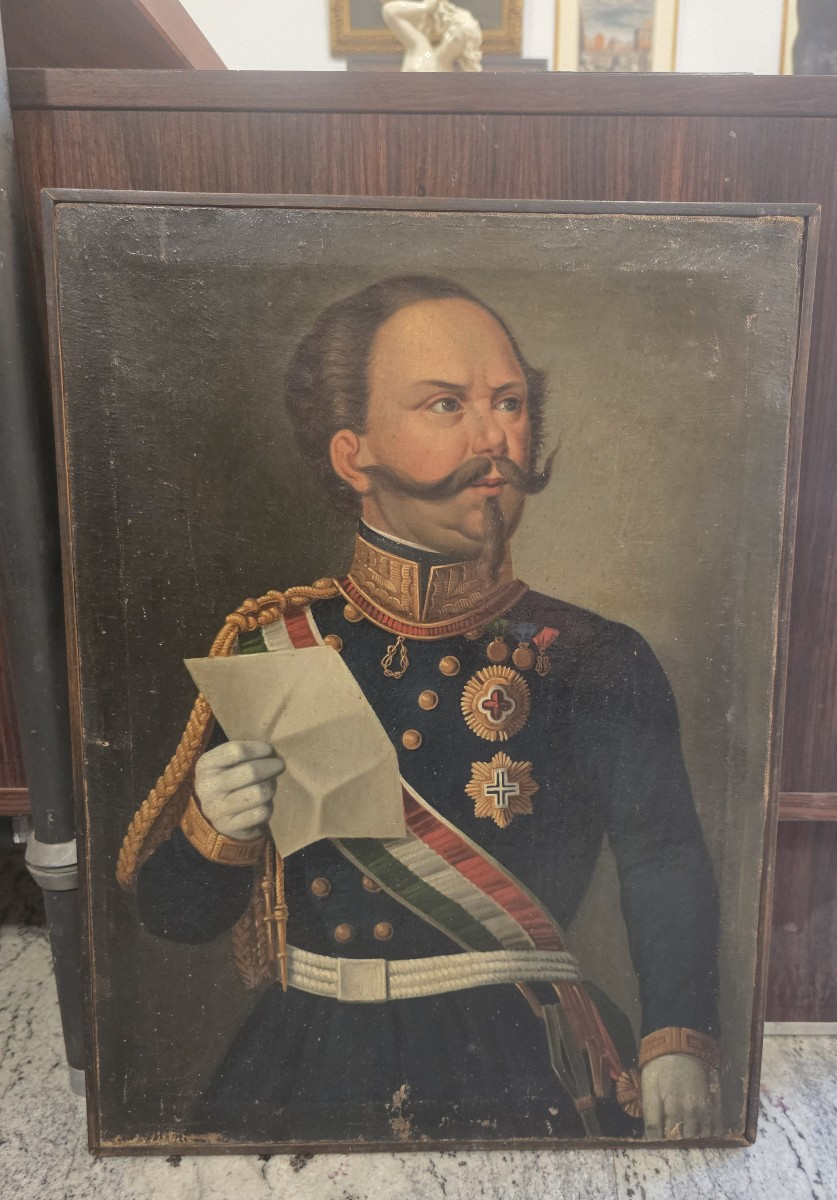 Huile sur toile représentant Victor-Emmanuel II de Savoie, datant du Risorgimento italien