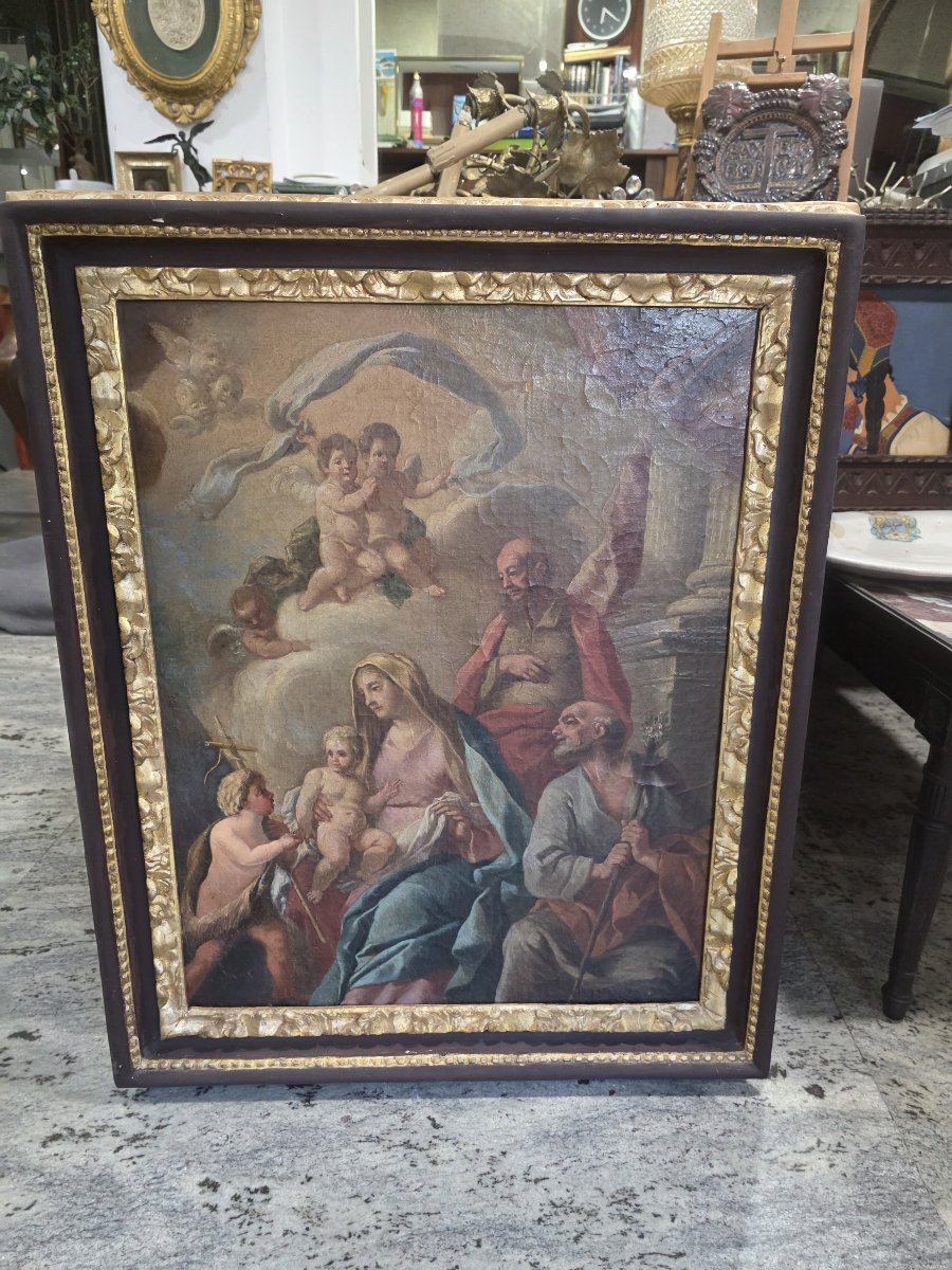 Oil On Canvas "holy Family With The Infant Saint John And Saints" Naples, 18th Century