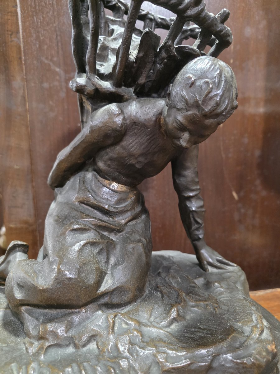 Bronze Sculpture By Enrico Butti, "il Gerletto" (the Basket Carrier), Late 19th Century.-photo-2