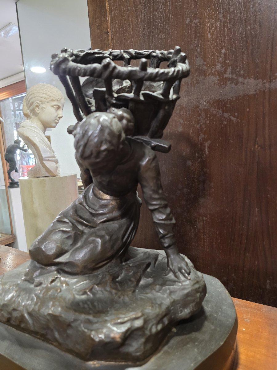 Bronze Sculpture By Enrico Butti, "il Gerletto" (the Basket Carrier), Late 19th Century.-photo-3
