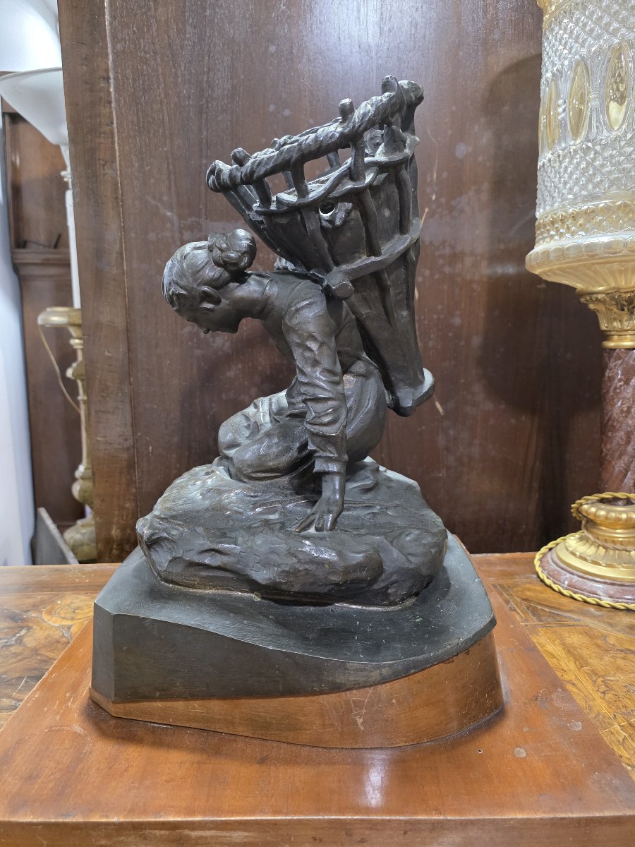 Bronze Sculpture By Enrico Butti, "il Gerletto" (the Basket Carrier), Late 19th Century.-photo-4