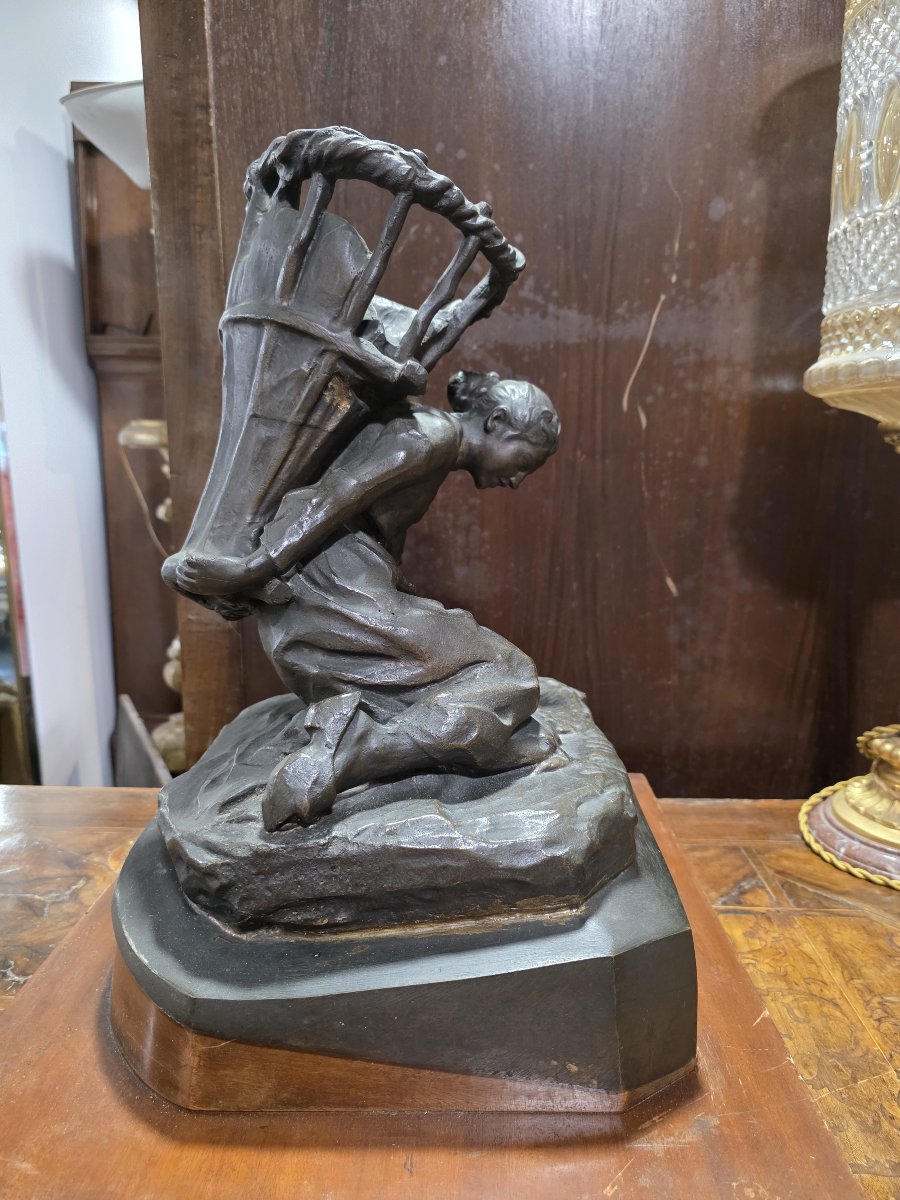 Bronze Sculpture By Enrico Butti, "il Gerletto" (the Basket Carrier), Late 19th Century.-photo-5