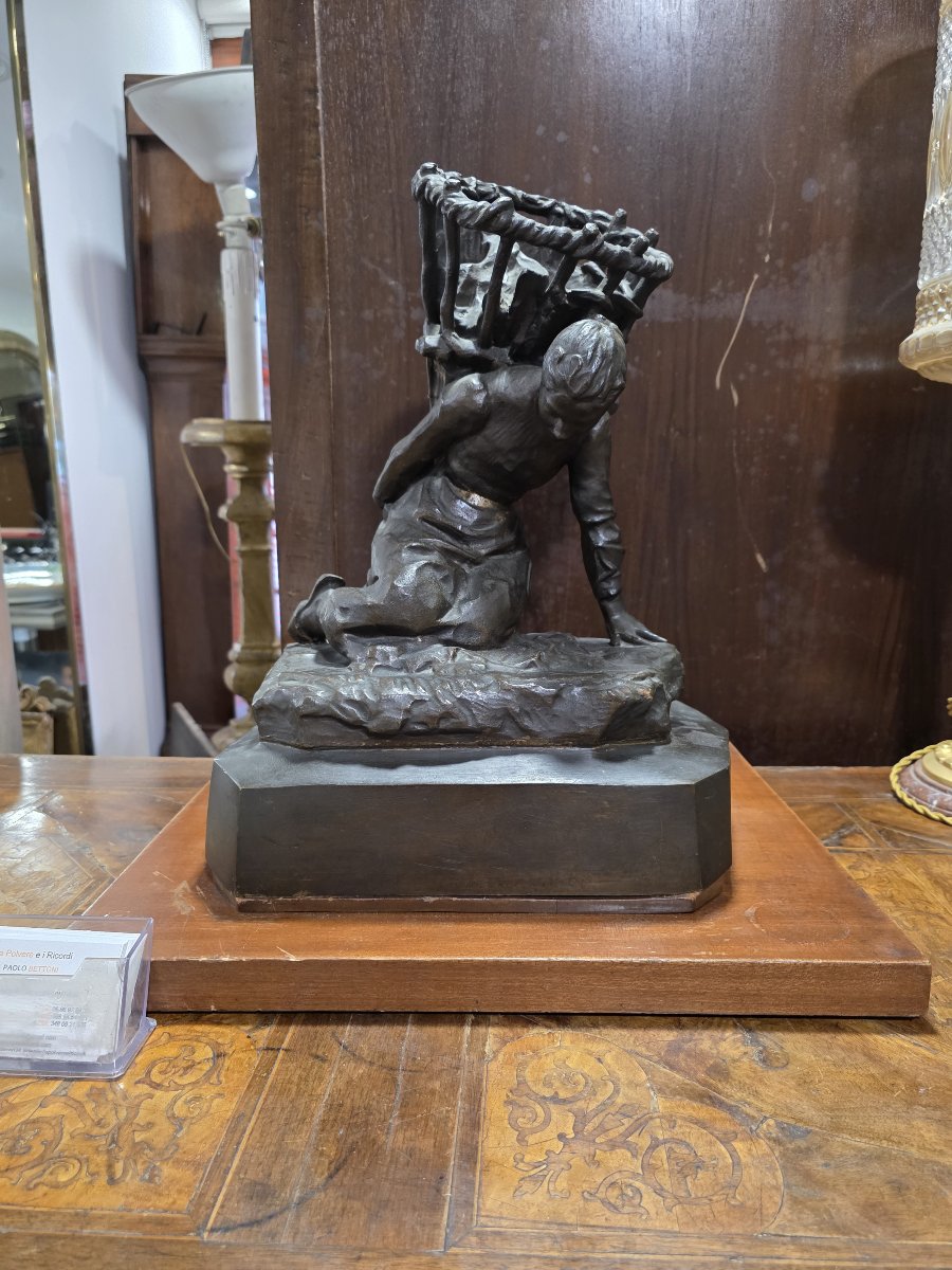 Bronze Sculpture By Enrico Butti, "il Gerletto" (the Basket Carrier), Late 19th Century.