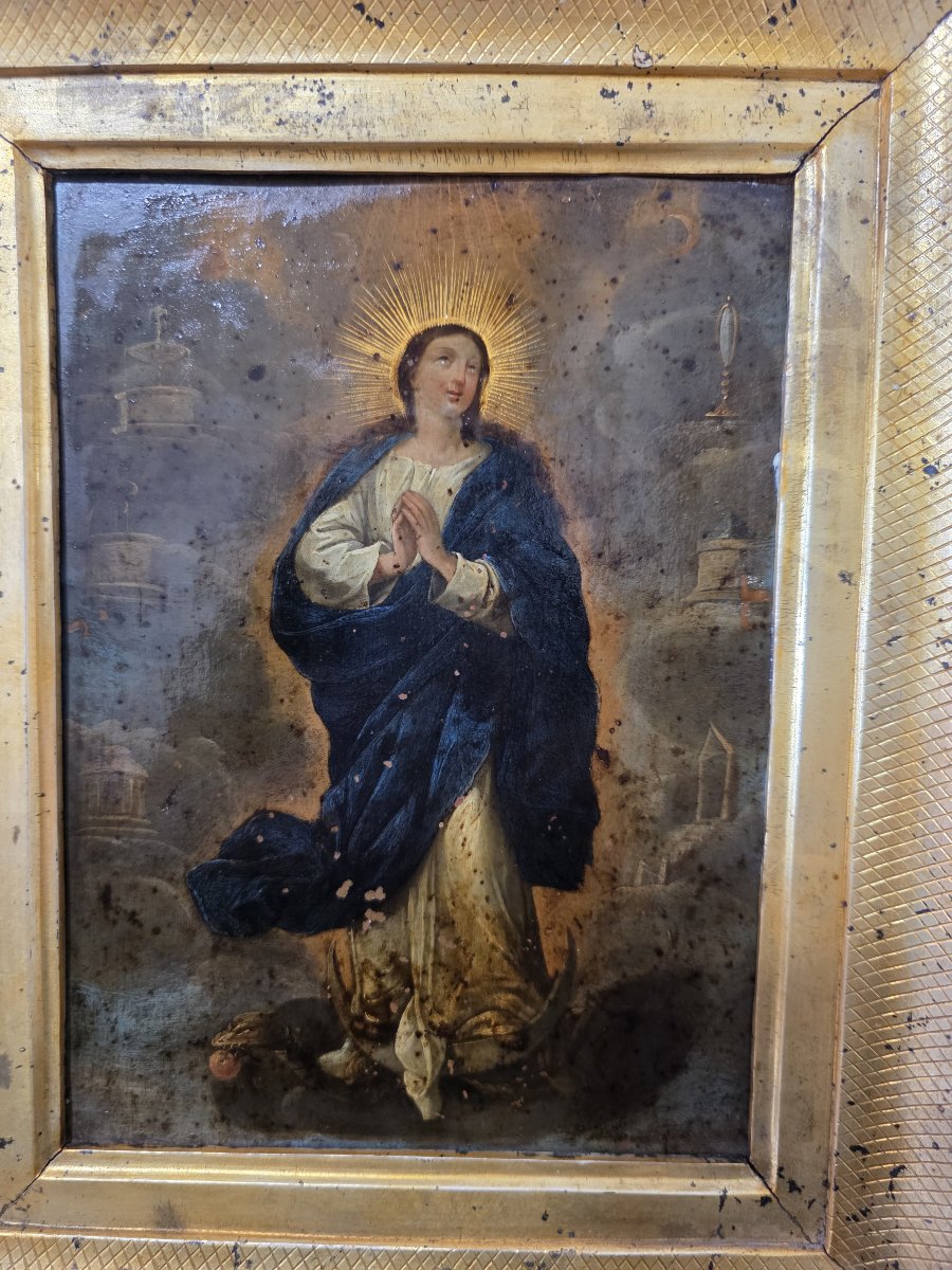 Huile sur cuivre : « Immaculée Conception ». Italie, XVIIIe siècle.-photo-2
