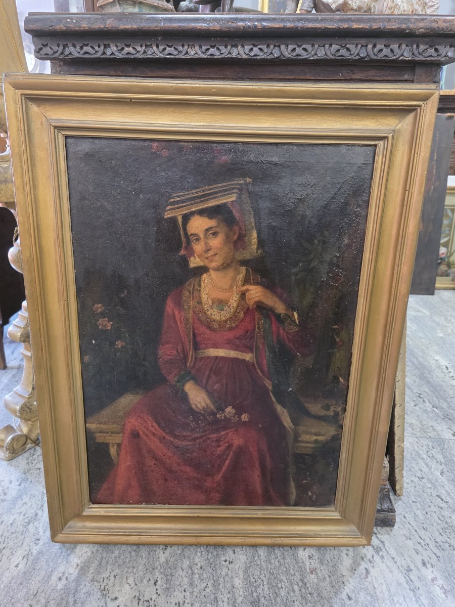 Huile sur toile représentant une femme du peuple en costume traditionnel du centre de l'Italie 