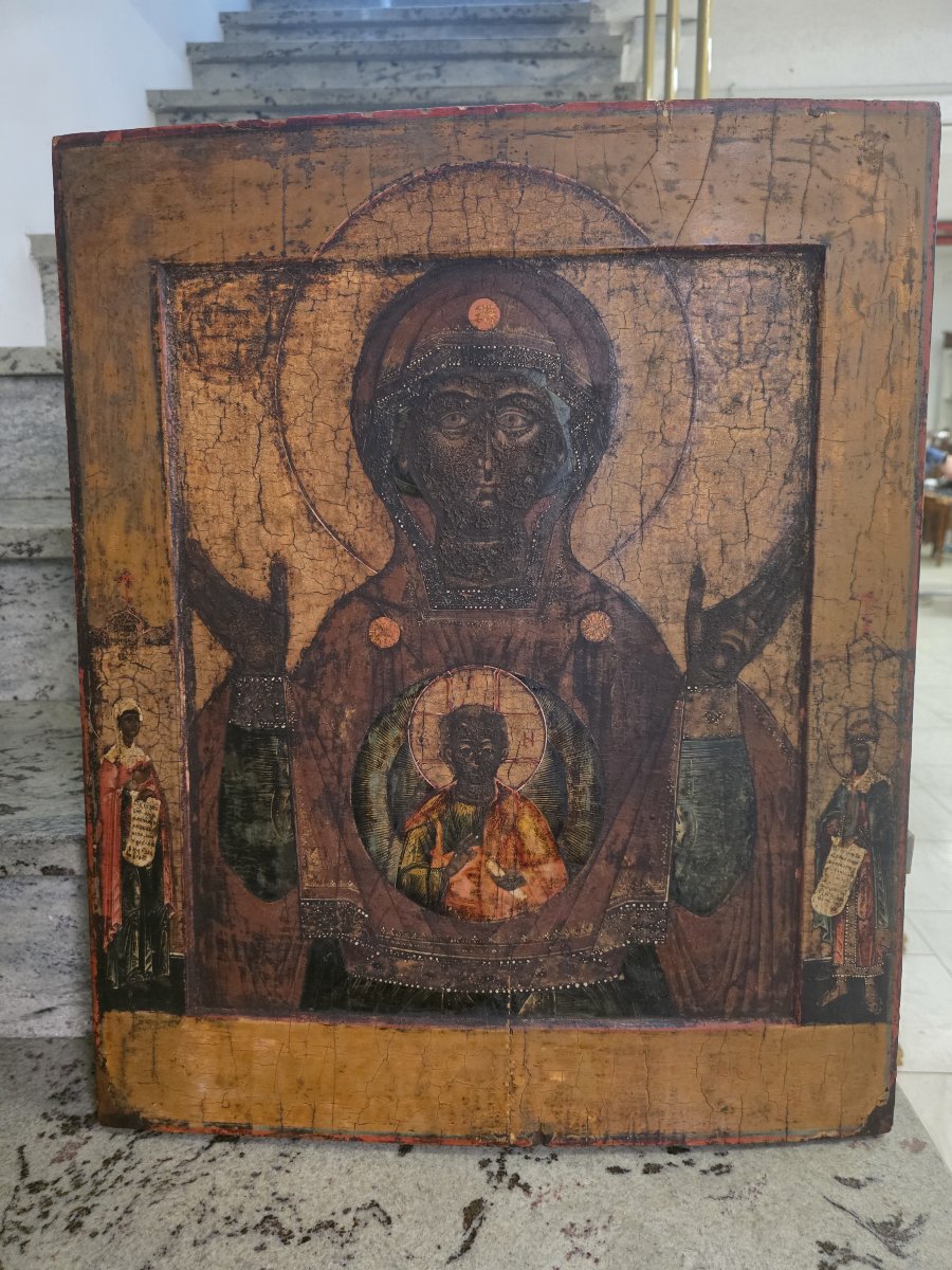 Antique Russian Icon "our Lady Of The Sign" (znamenie) – Late 18th / Early 19th Century