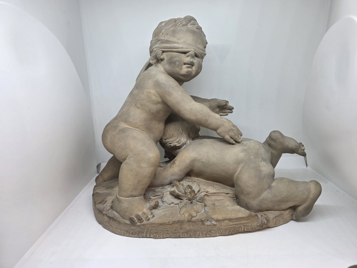 "blind Man's Buff" Terracotta Sculpture By Francesco Camillotti, Dated 1874