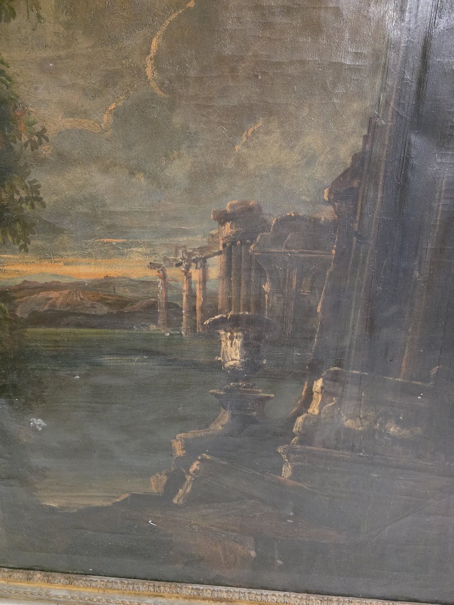 vGrand *capriccio* aux ruines antiques et vue côtière – Italie, XIXe siècle-photo-1