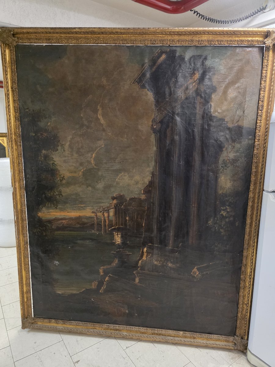 vGrand *capriccio* aux ruines antiques et vue côtière – Italie, XIXe siècle
