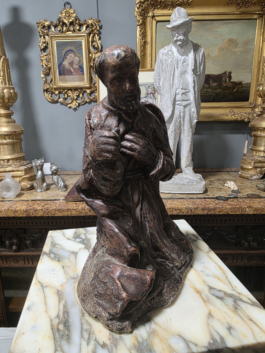  Sculpture baroque en terre cuite ou scagliola représentant un saint (XVIIe/XVIIIe siècle)-photo-2