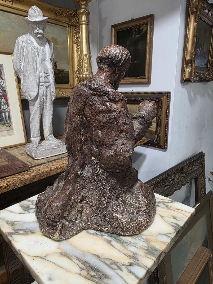  Sculpture baroque en terre cuite ou scagliola représentant un saint (XVIIe/XVIIIe siècle)-photo-3