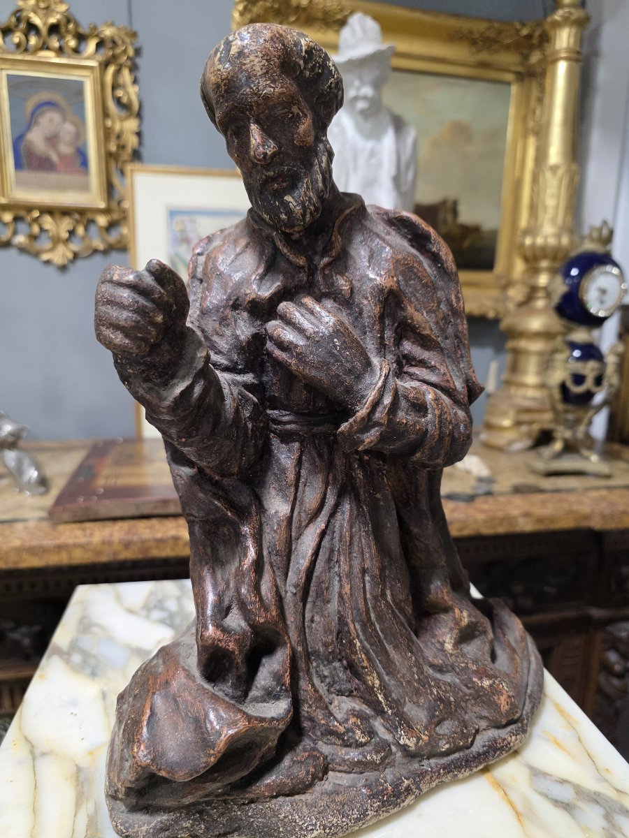  Sculpture baroque en terre cuite ou scagliola représentant un saint (XVIIe/XVIIIe siècle)-photo-4