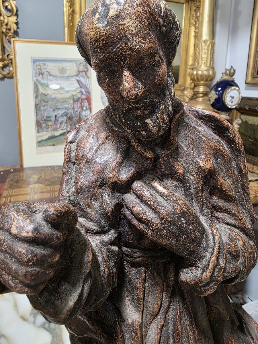  Sculpture baroque en terre cuite ou scagliola représentant un saint (XVIIe/XVIIIe siècle)-photo-5
