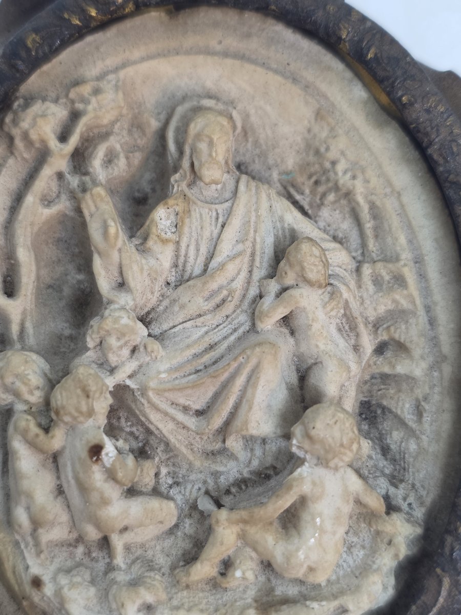 Médaillon de dévotion ovale représentant la scène biblique « Laissez les enfants venir à moi » -photo-2