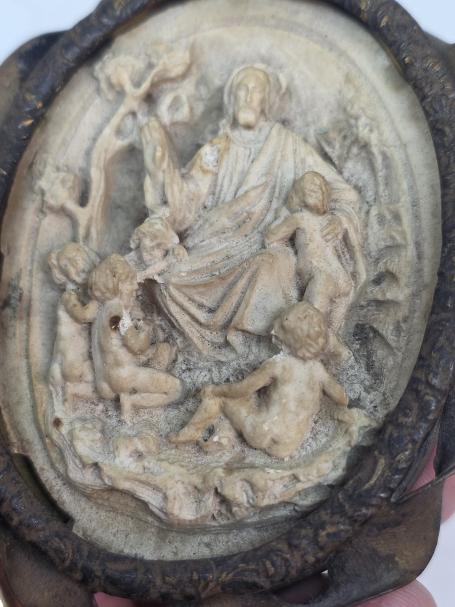 Médaillon de dévotion ovale représentant la scène biblique « Laissez les enfants venir à moi » -photo-4