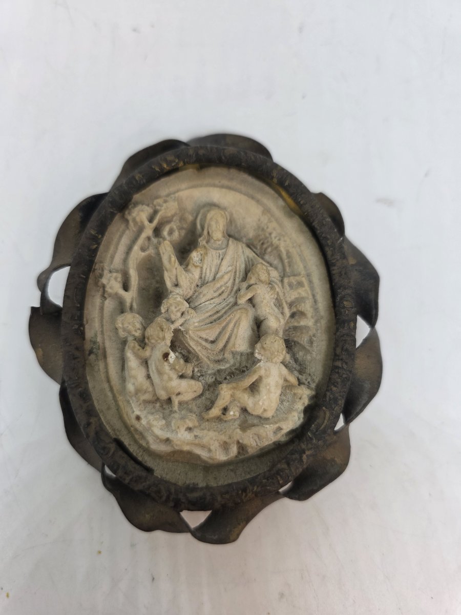 Médaillon de dévotion ovale représentant la scène biblique « Laissez les enfants venir à moi » -photo-6