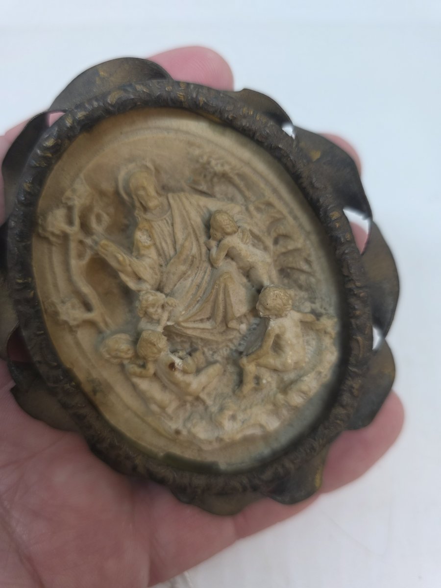 Médaillon de dévotion ovale représentant la scène biblique « Laissez les enfants venir à moi » -photo-7