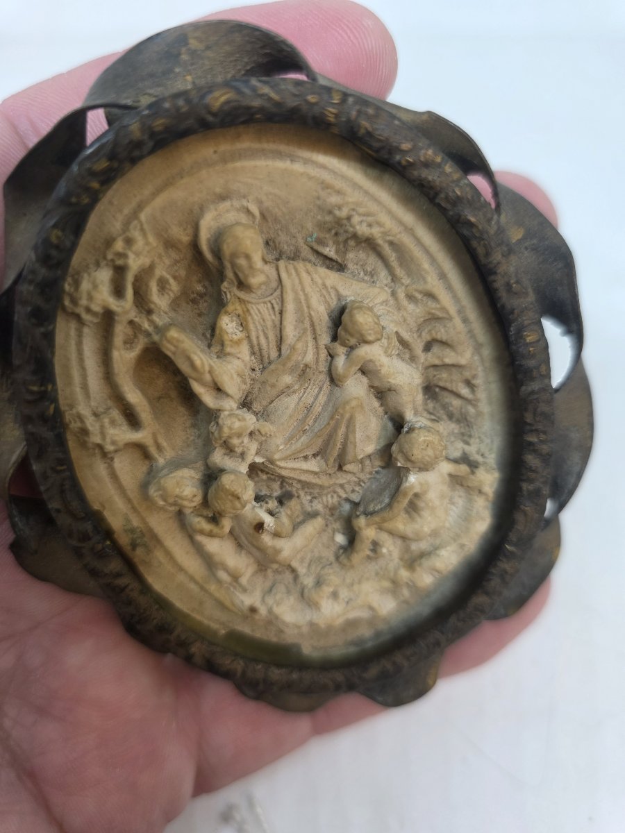 Médaillon de dévotion ovale représentant la scène biblique « Laissez les enfants venir à moi » -photo-8