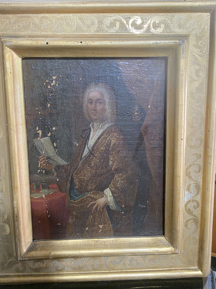Portrait de gentilhomme avec document et encrier, huile sur toile, XVIIIe siècle.-photo-2