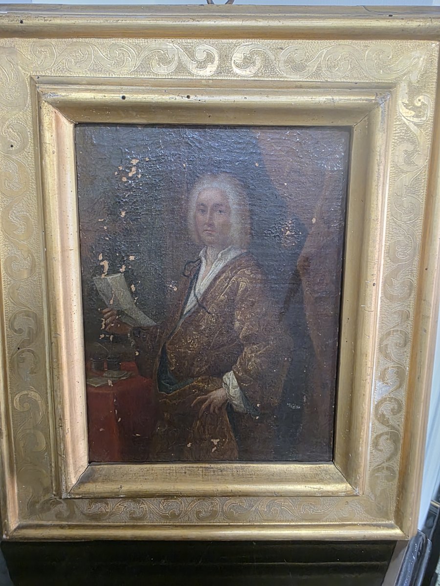 Portrait de gentilhomme avec document et encrier, huile sur toile, XVIIIe siècle.-photo-3