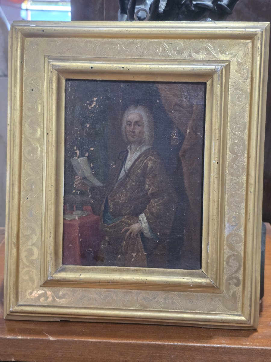 Portrait de gentilhomme avec document et encrier, huile sur toile, XVIIIe siècle.-photo-4