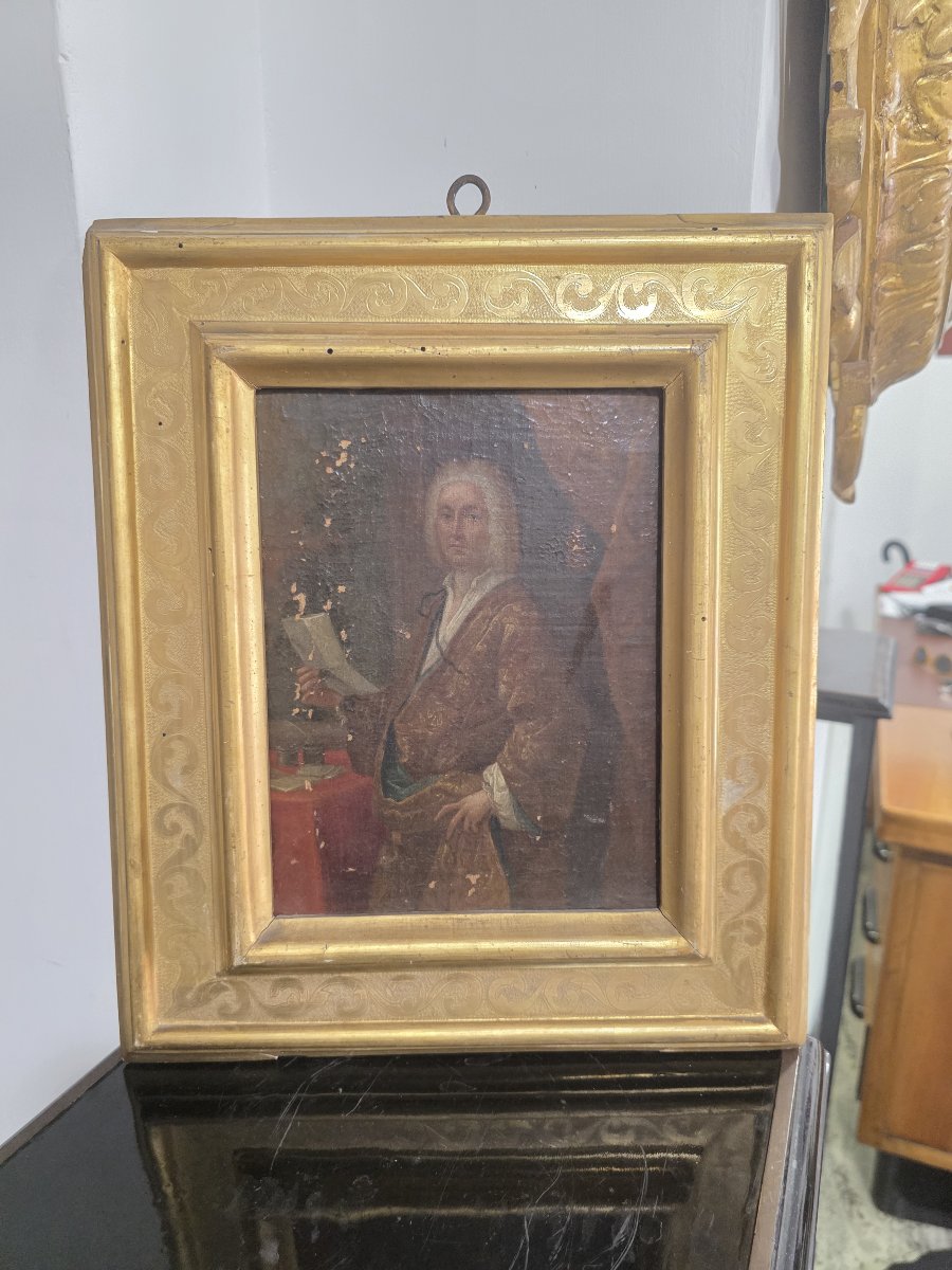 Portrait de gentilhomme avec document et encrier, huile sur toile, XVIIIe siècle.